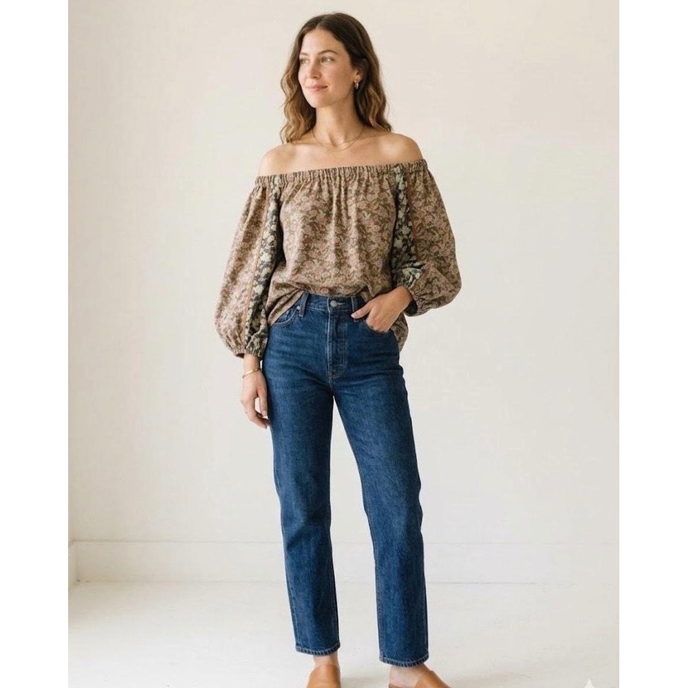 One September Anthropologie Floral Off Shoulder Peasant Blouse Small Brown Pink